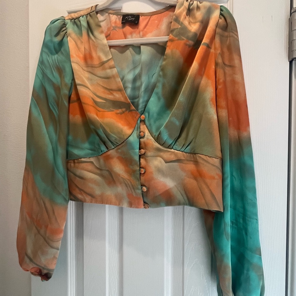 Silky Tie-Dye V-Neck Blouse in Orange & Teal